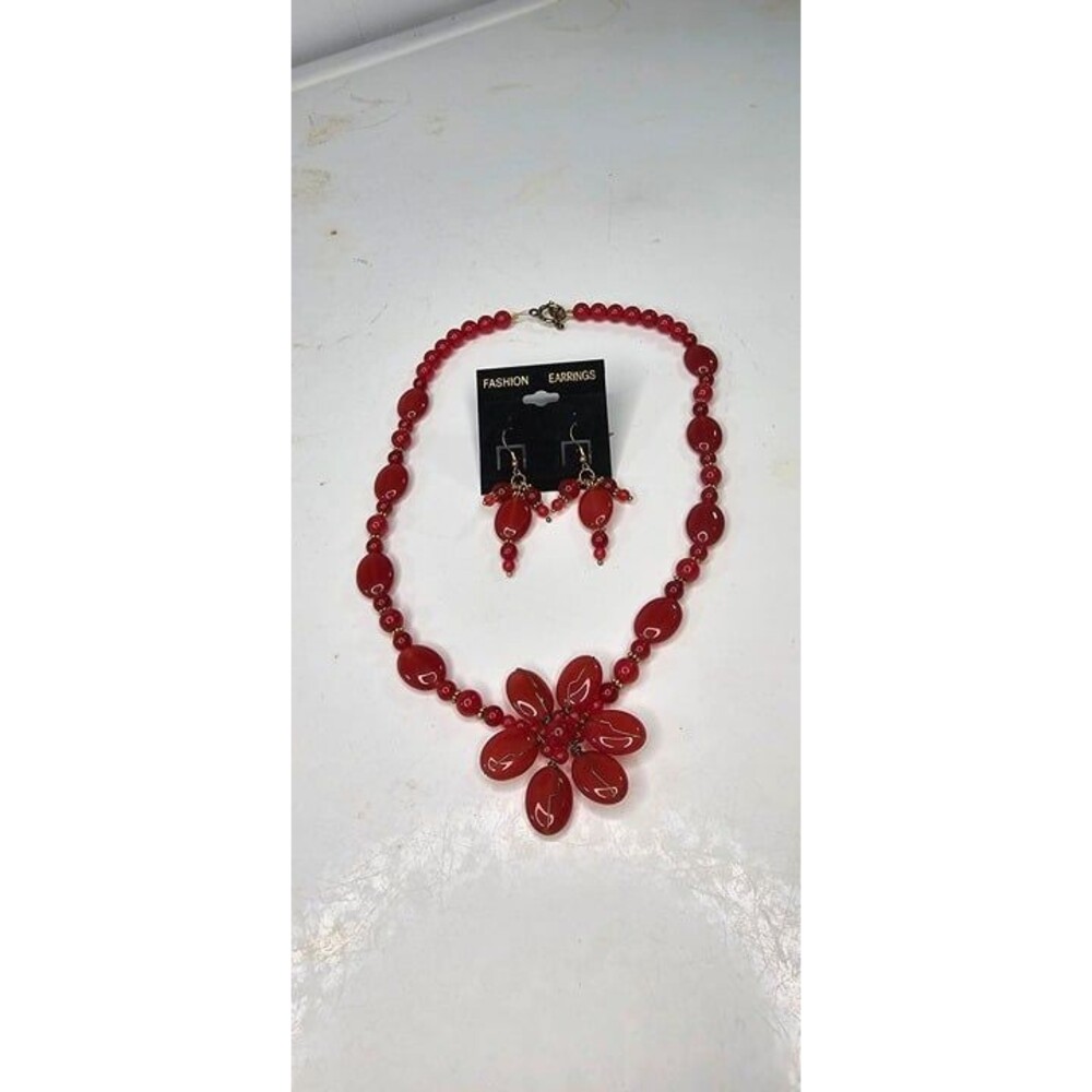Ruby Red Natural Stone Agate Jewelry Set Necklace & Earrings Floral Pendant 20"L